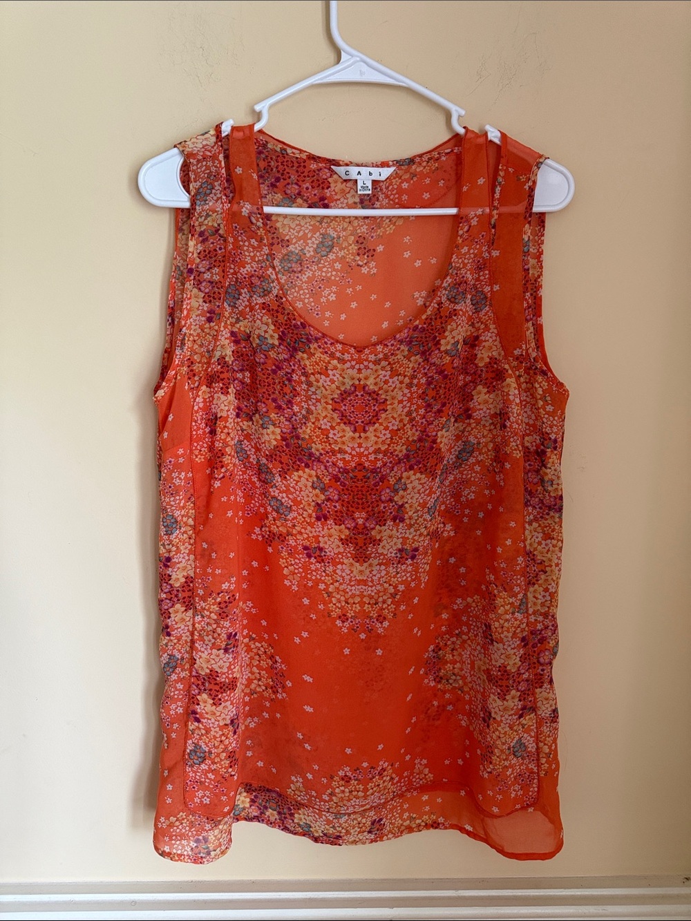 CAbi Orange Floral Sheer Sleeveless‎ Camisole Size Large